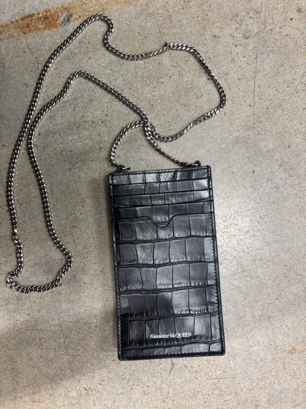 Alexandra McQueen Black Croc-Embossed Phone Crossbody with Silver Chain